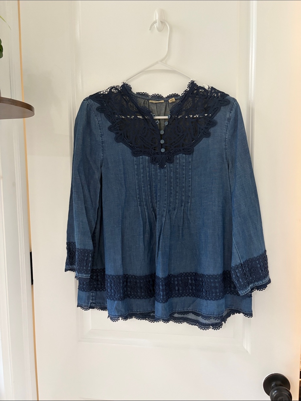 Womens Navy Crochet-Trim Peasant Blouse - Navy